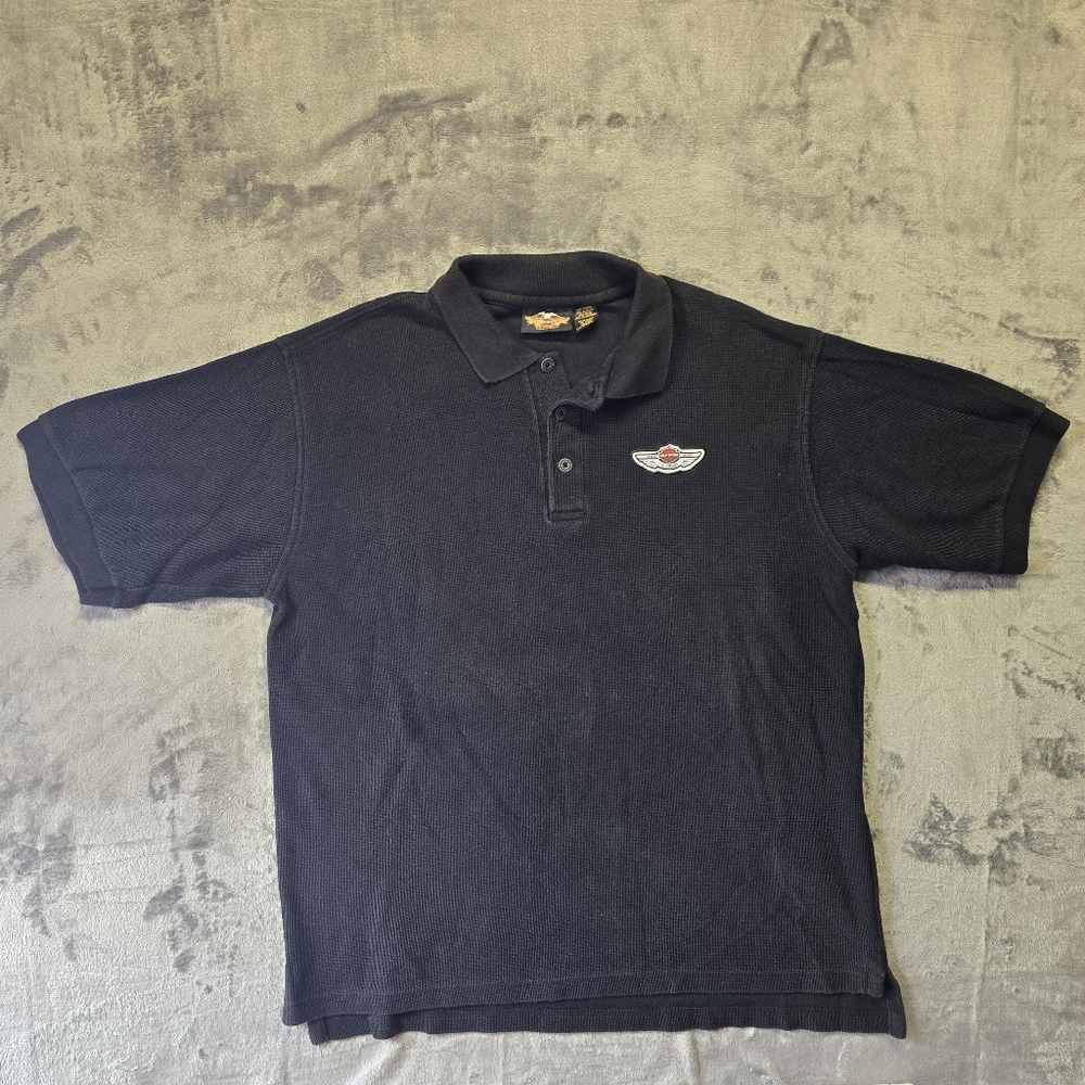 Vintage Harley Davidson Ribbed Knit Cotton Polo Shirt Size XL Black